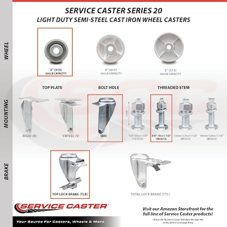 Service Caster Semi Steel Swvl TS Caster w/RB w/3"Wheel&3/8"Stem-4 Swvl w/Top Lck BRK, 4PK SCC-TS20S315-SSR-TLB-381615-4